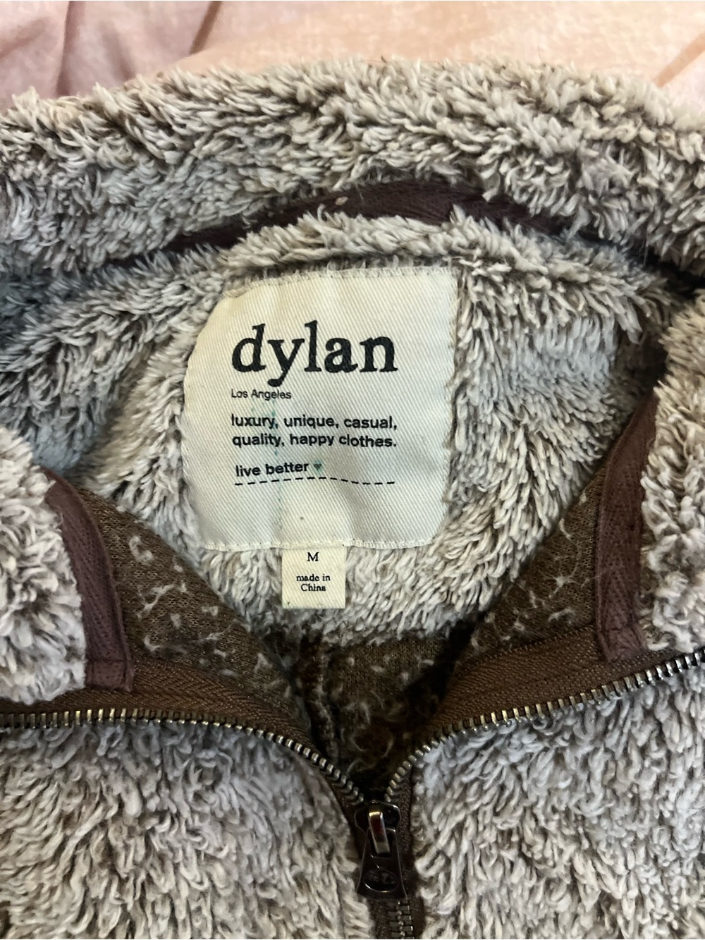 dylan Plush Hooded Zip Jacket in Light Gray and Brown Trim